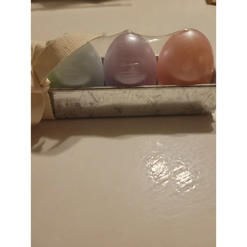 Pottery Barn Set Of 6 Egg Candles In Galvanized Tin Tray- NEW Retired RARE